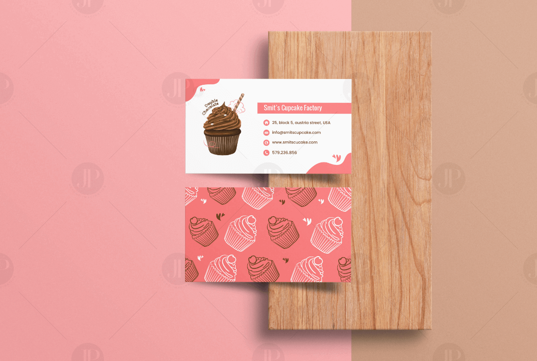 Elegant Pink and White Theme Business Card Design on Wooden Box Template Mockup