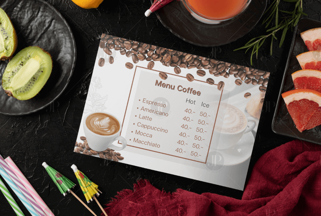 Restaurant Coffee Menu Design Mockup on Black Wooden with Coffee Cup