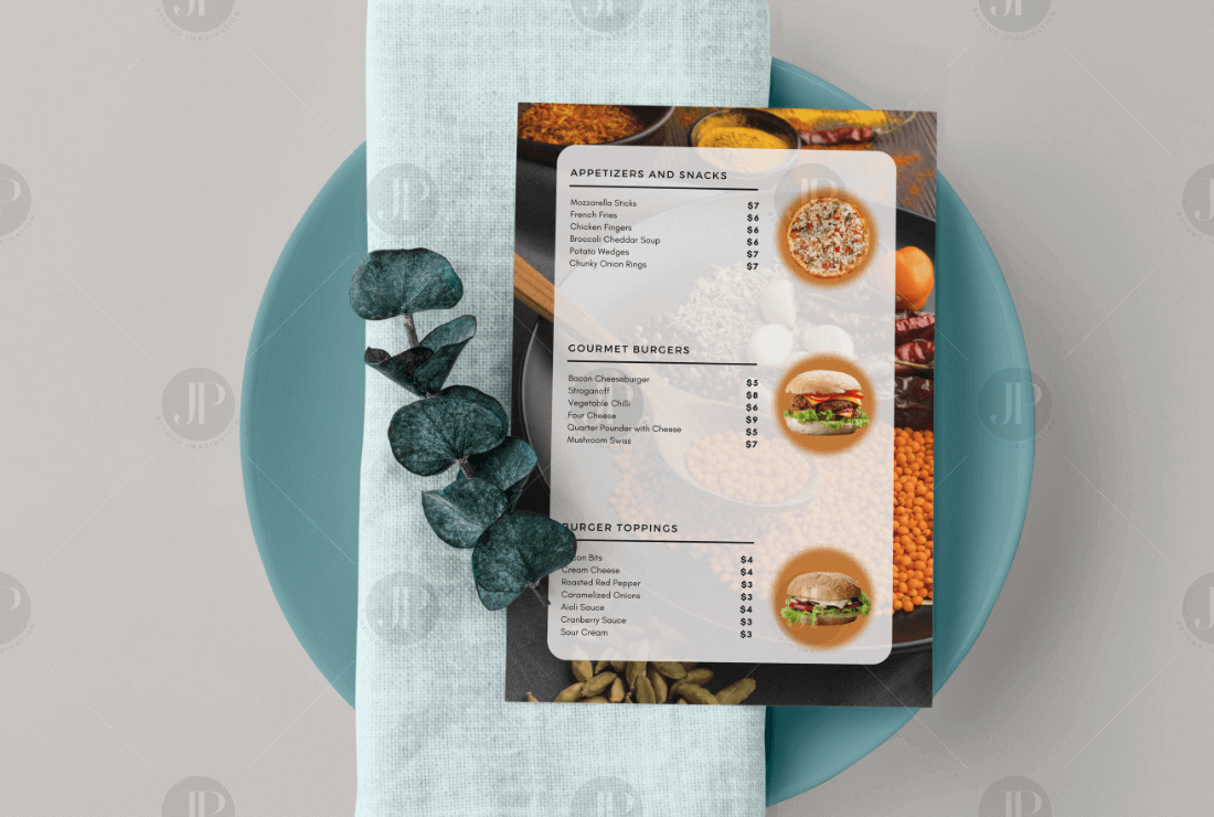 Burger and Pizza Restaurant Food Menu Design Template on Plate Mockup