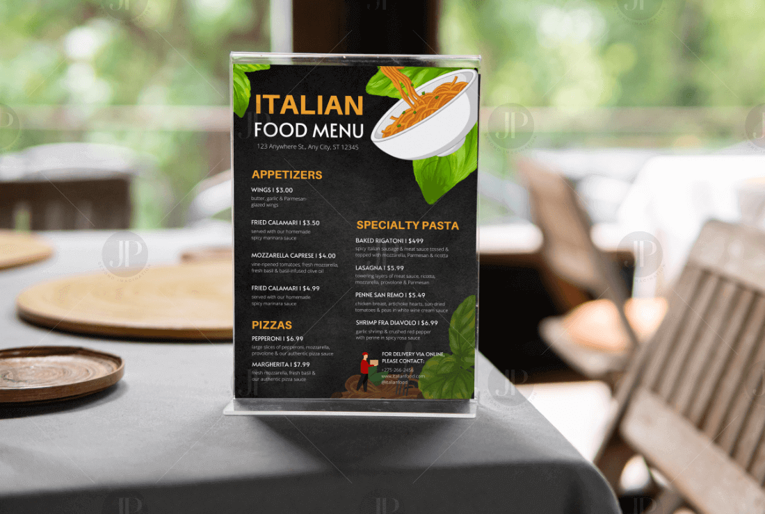 Italian Restaurant Food Menu Design Mockup on Lunch Table | Designerjuli