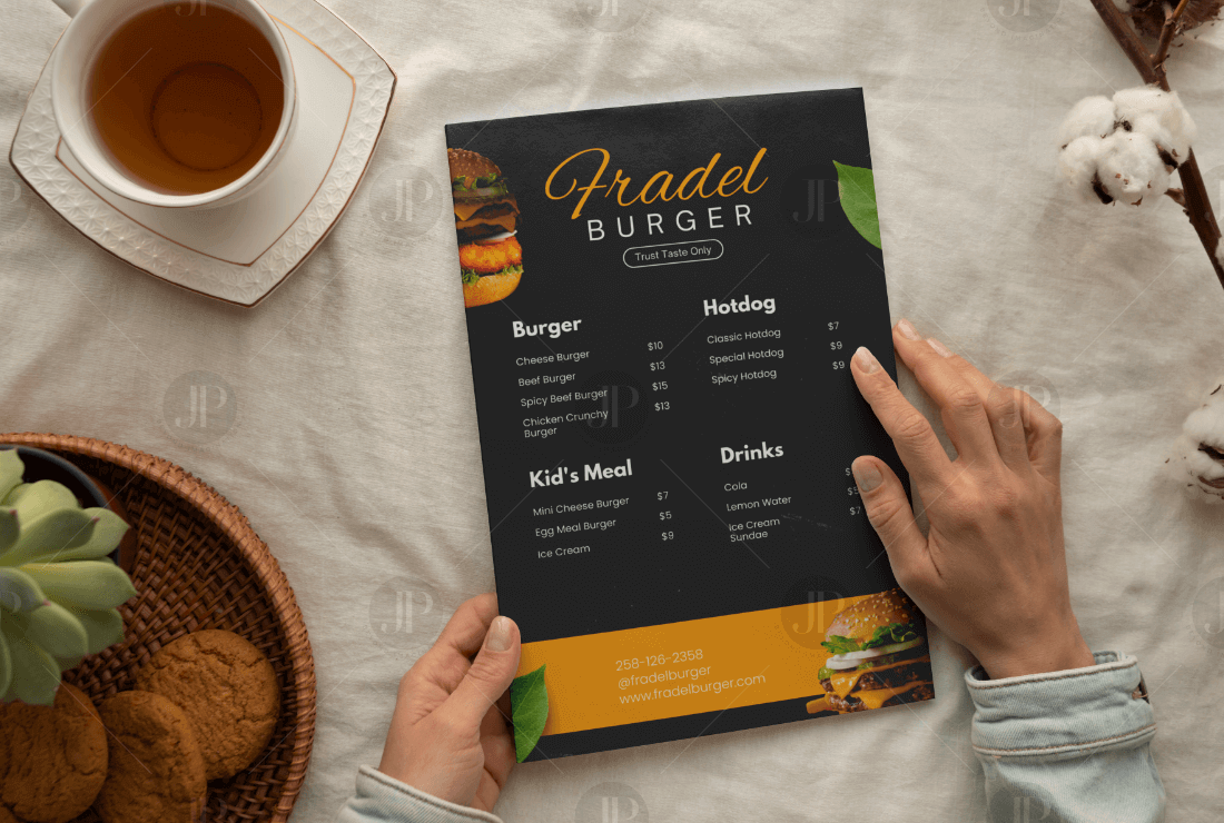 Creative Burger Restaurant Food Menu Template Design with Coffee Cup and Breakfast Plate | Designerjuli