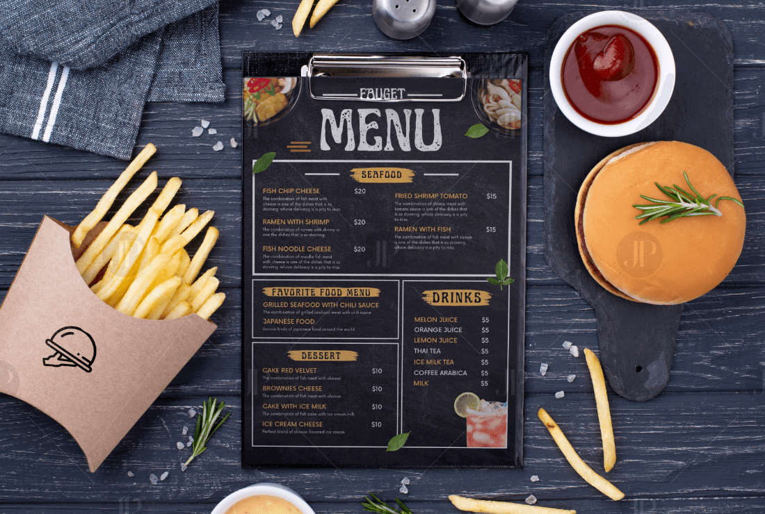 Healthy Eating Restaurant Menu with Fast Food, Burger, French Fries on Black Wooden Mockup