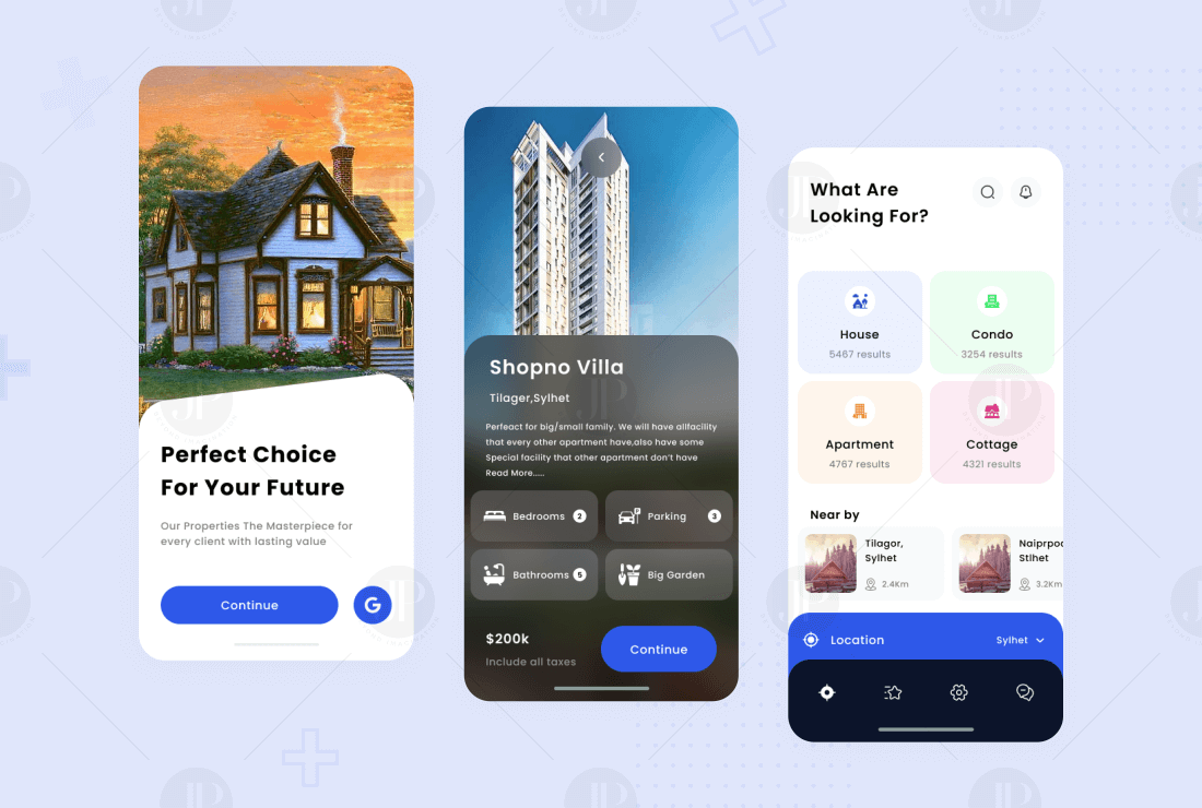 Real Estate Mobile Application UI & UX UI kit Mockup Design