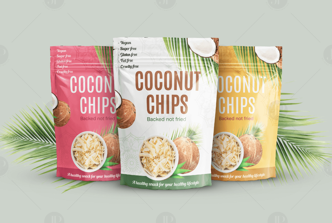 Coconut Chips Pouce Brand Packaging and label Design Mockup