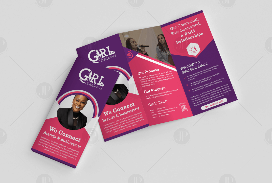 Purple and Pink Theme Girl Fassionals Tri-fold Design Brochure Template