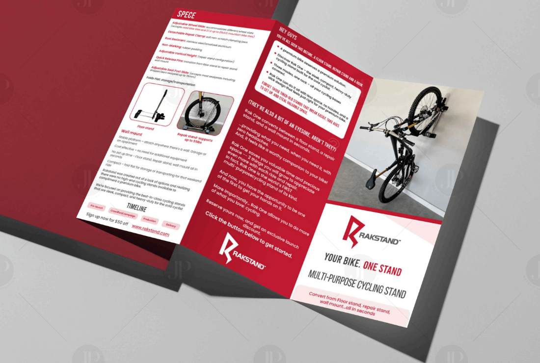 Multi-Purpose Cycling Stand Tri-fold Brochure Design Mockup with Red and White Theme